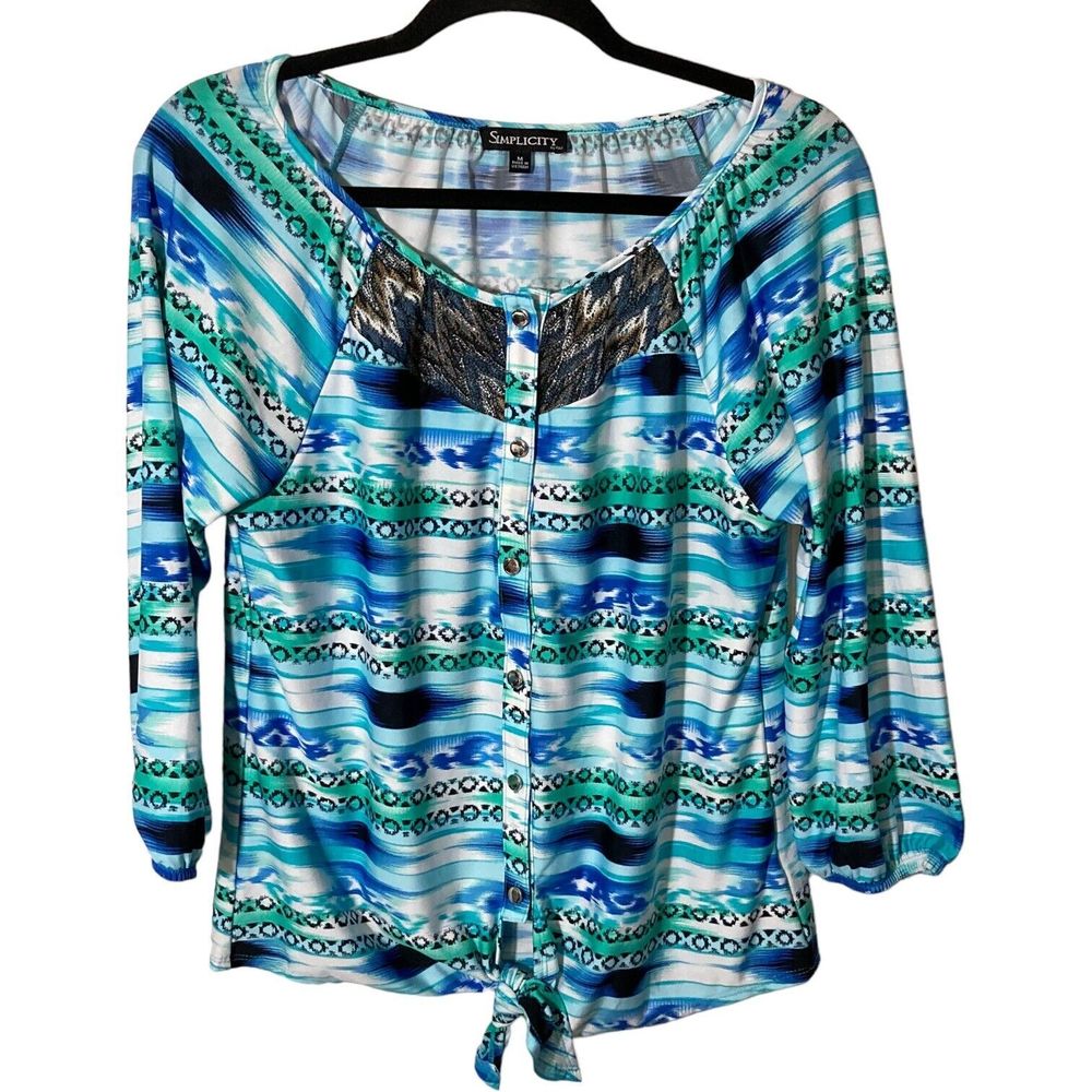 Simplicity Women’s Medium Top Green/Blue Round Neck Button Front 3/4 Sleeve EUC
